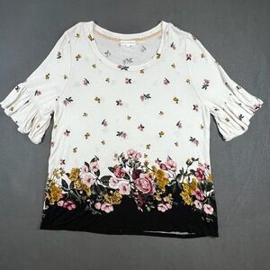 Coco +‎ Jaimeson XL Floral Ruffle Sleeve Top White Pink Yellow Black